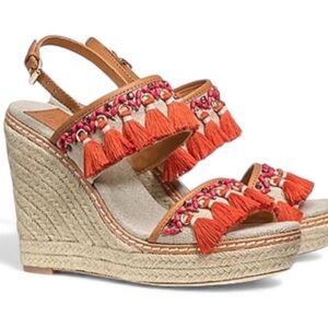 Tory Burch Niyah Espadrille Orange Tassel Wedge Sandals size 6.5
